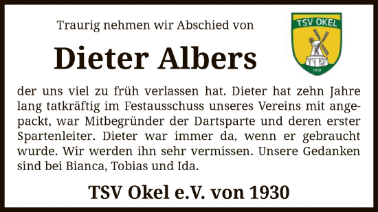 Traueranzeige von Dieter Albers von SYK