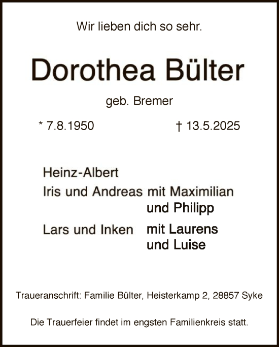 Traueranzeige von Dorothea Bülter von SYK