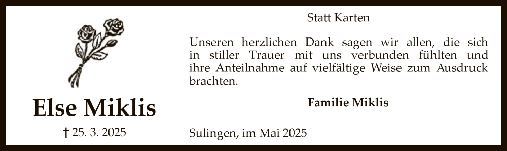  Traueranzeige für Else Miklis vom 03.05.2025 aus SYK