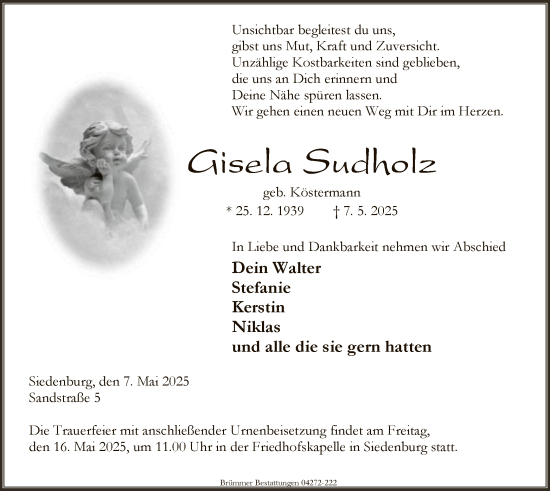 Traueranzeige von Gisela Sudholz von SYK