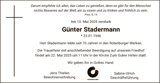 Traueranzeige von Günter Stadermann von SYK