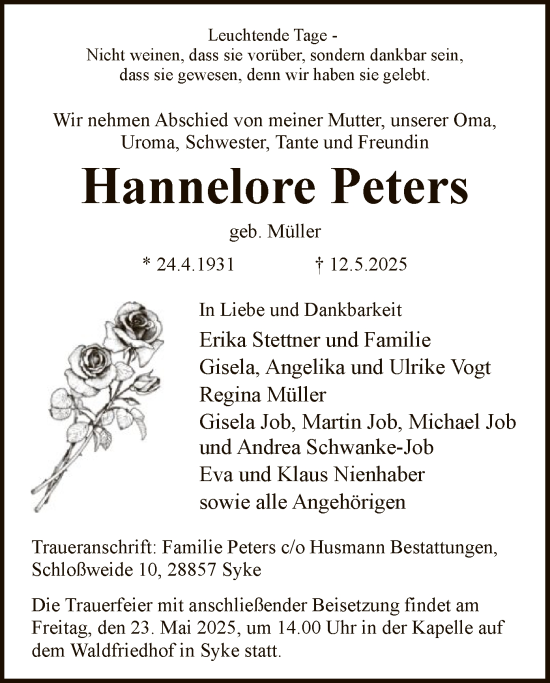 Traueranzeige von Hannelore Peters von SYK