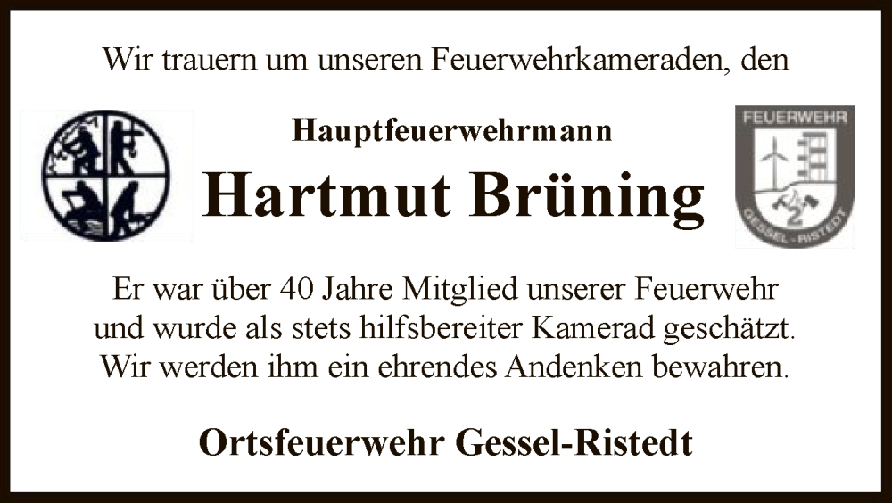  Traueranzeige für Hartmut Brüning vom 21.05.2025 aus SYKS
