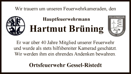Traueranzeige von Hartmut Brüning von SYKS