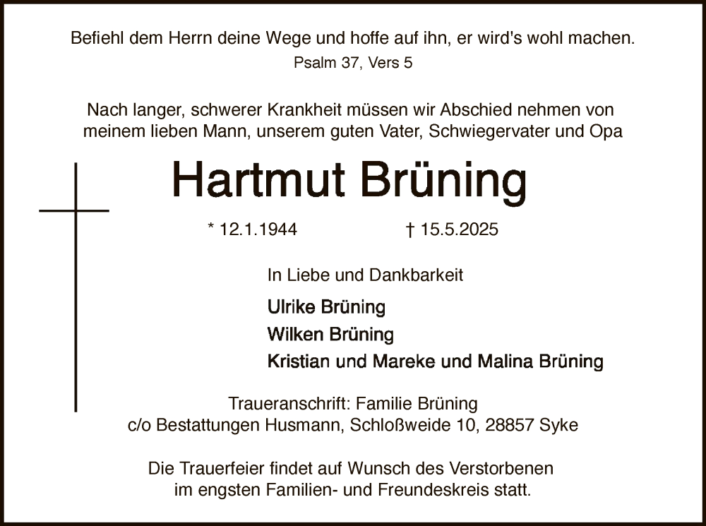  Traueranzeige für Hartmut Brüning vom 20.05.2025 aus SYK