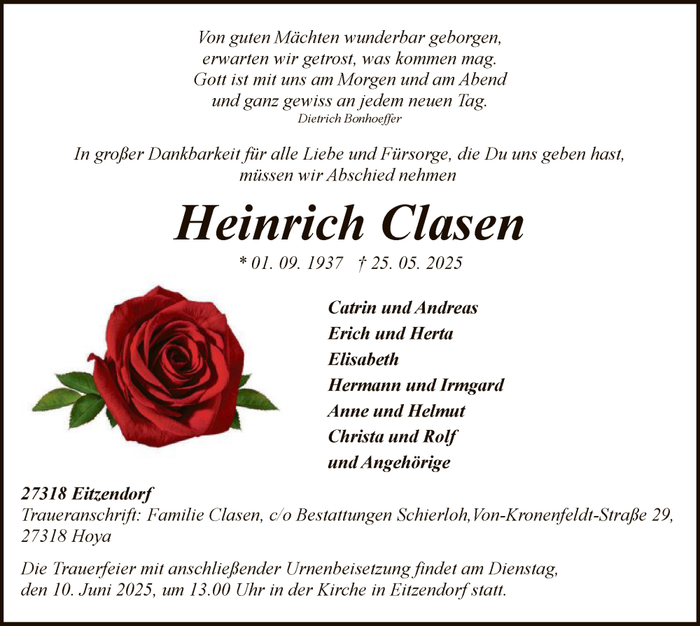  Traueranzeige für Heinrich Clasen vom 31.05.2025 aus SYKSSYKS