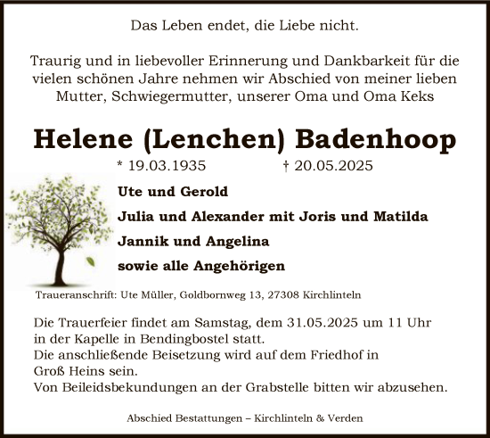 Traueranzeige von Helene Badenhoop von SYKS
