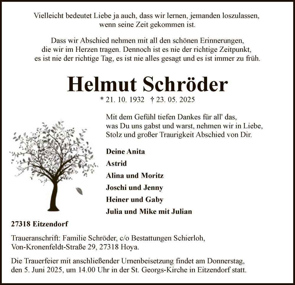  Traueranzeige für Helmut Schröder vom 31.05.2025 aus SYKSSYKS