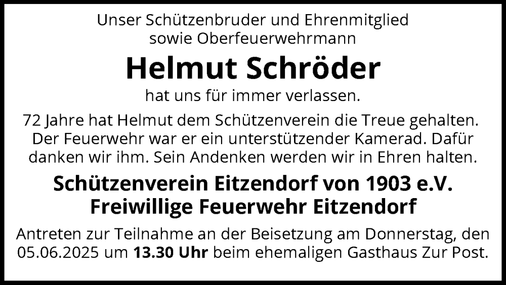  Traueranzeige für Helmut Schröder vom 31.05.2025 aus SYKS