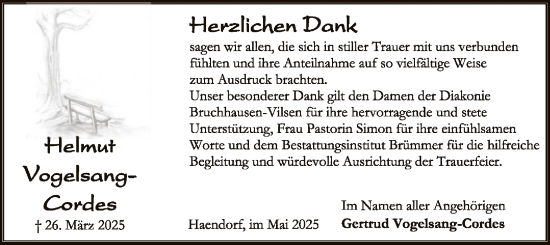 Traueranzeige von Helmut Vogelsang-Cordes von SYK