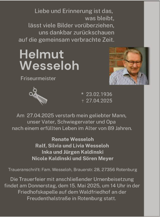 Traueranzeige von Helmut Wesseloh von SYK