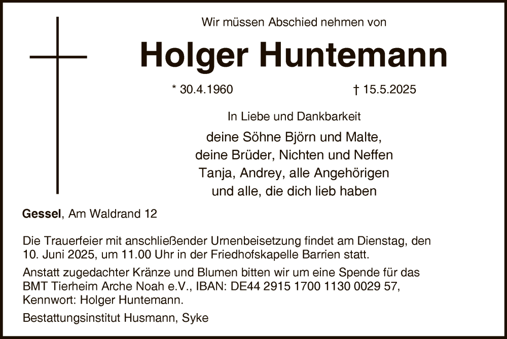  Traueranzeige für Holger Huntemann vom 24.05.2025 aus SYKS