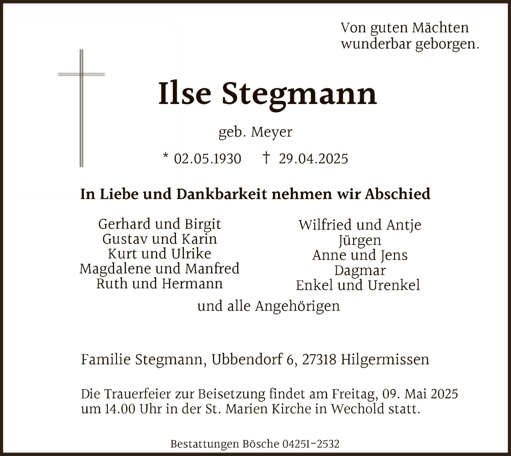  Traueranzeige für Ilse Stegmann vom 03.05.2025 aus SYKSYK
