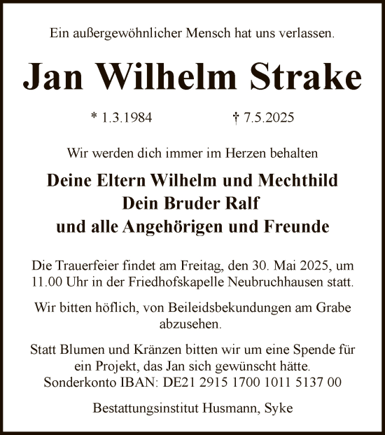 Traueranzeige von Jan Wilhelm Strake von SYK