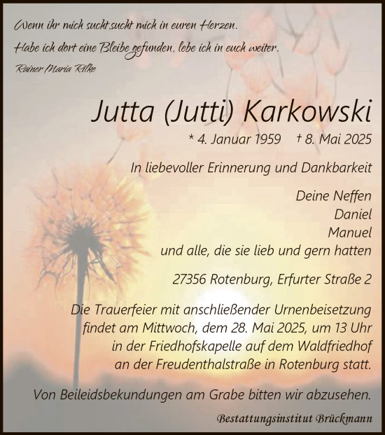 Traueranzeige von Jutta Karkowski von SYK