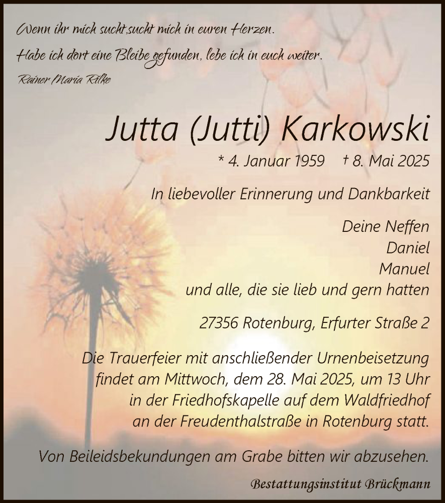  Traueranzeige für Jutta Karkowski vom 17.05.2025 aus SYK