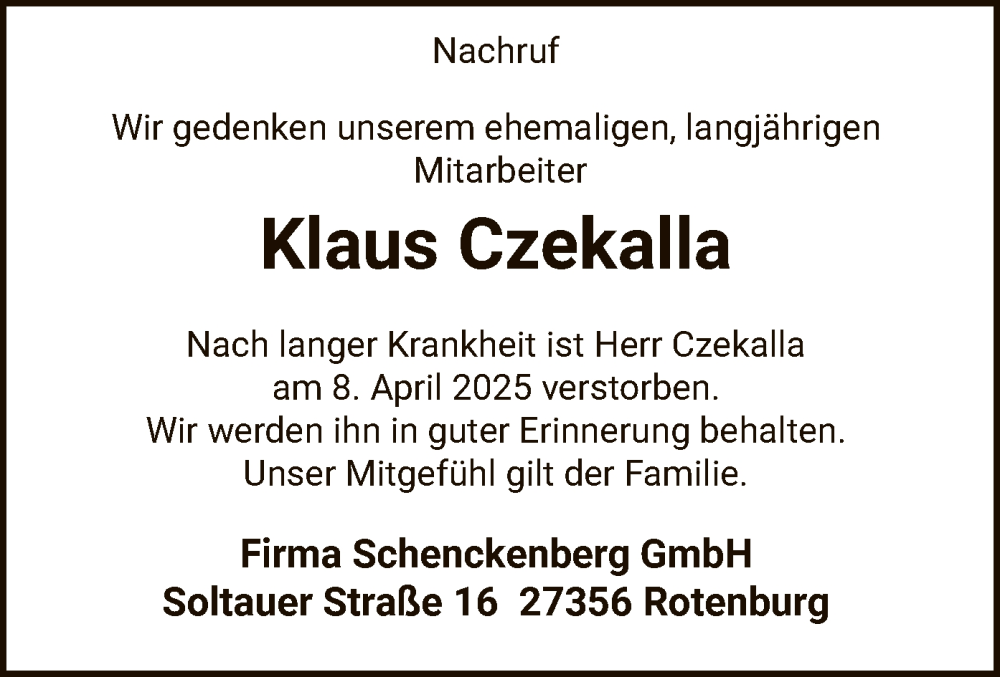  Traueranzeige für Klaus Czekalla vom 03.05.2025 aus SYK