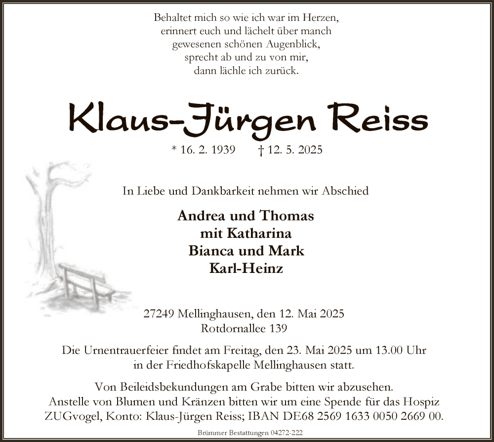  Traueranzeige für Klaus-Jürgen Reiss vom 14.05.2025 aus SYK