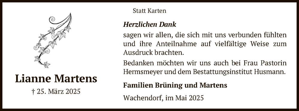  Traueranzeige für Lianne Martens vom 17.05.2025 aus SYK