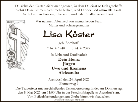 Traueranzeige von Lisa Köster von SYK