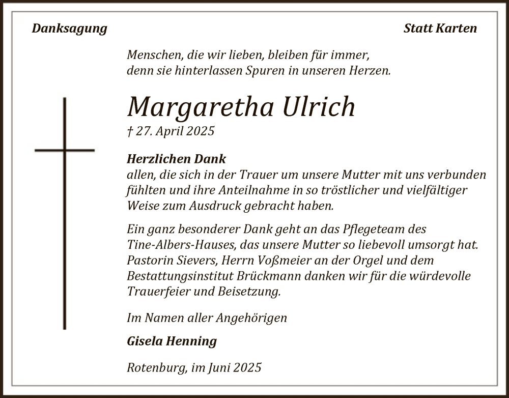  Traueranzeige für Margaretha Ulrich vom 31.05.2025 aus SYKR