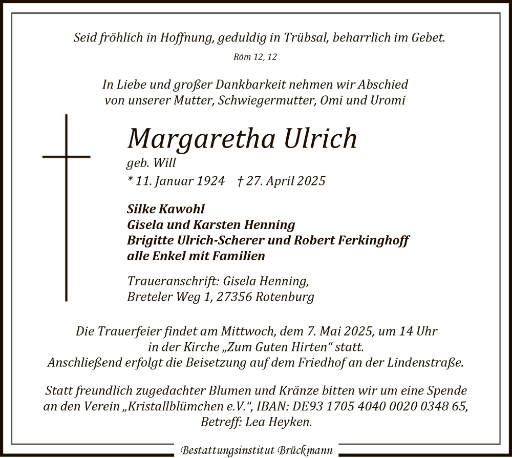  Traueranzeige für Margaretha Ulrich vom 03.05.2025 aus SYK