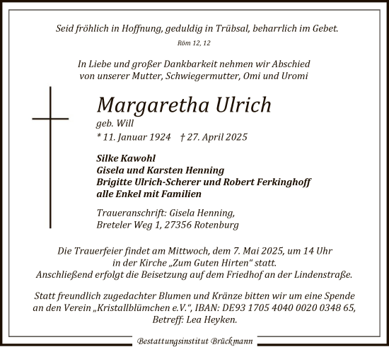 Traueranzeige von Margaretha Ulrich von SYK