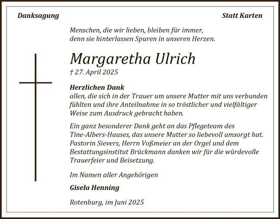 Traueranzeige von Margaretha Ulrich von SYKR