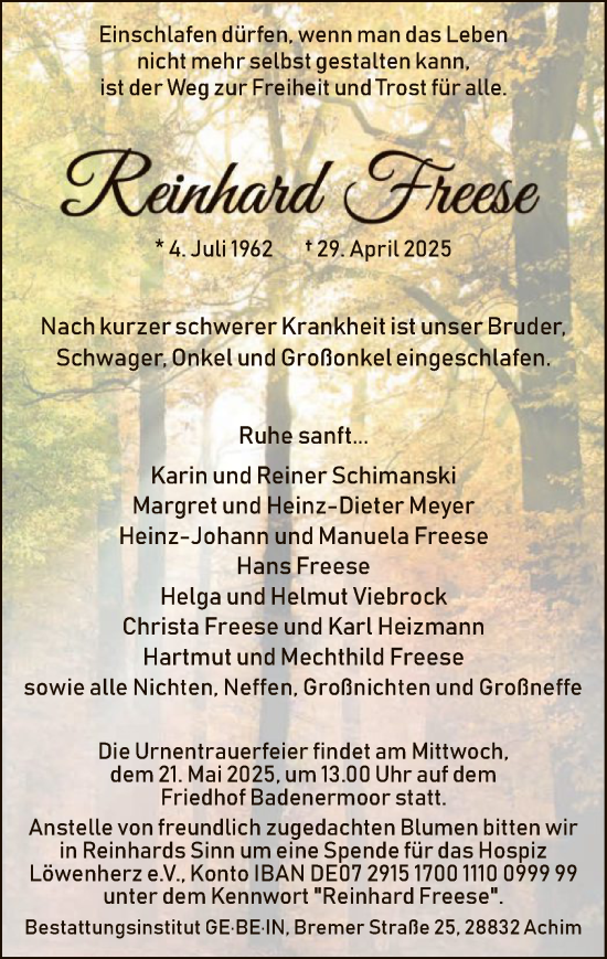 Traueranzeige von Reinhard Freese von SYK