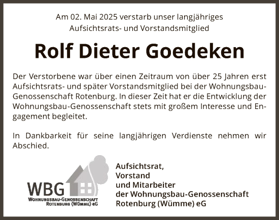 Traueranzeige von Rolf Dieter Goedeken von SYK