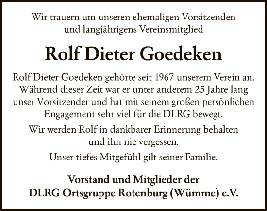 Traueranzeige von Rolf Dieter Goedeken von SYK