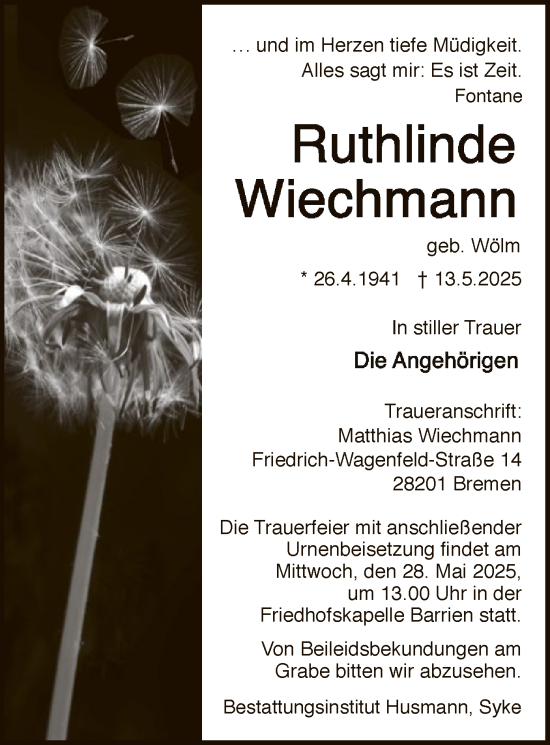 Traueranzeige von Ruthlinde Wiechmann von SYKS