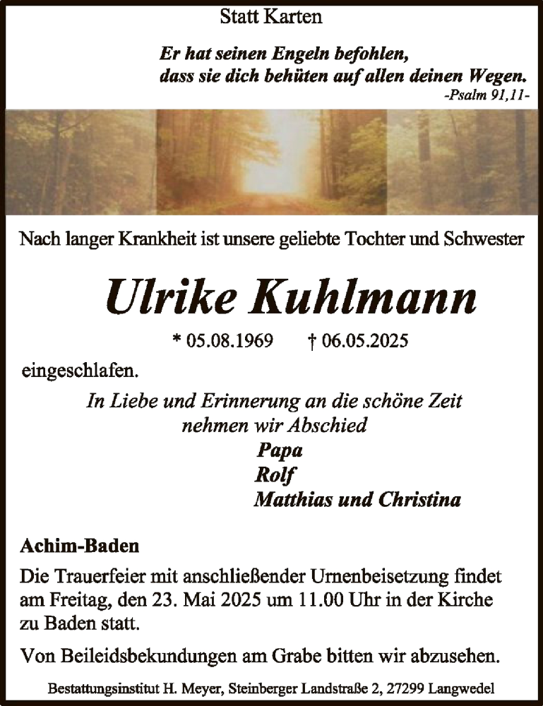  Traueranzeige für Ulrike Kuhlmann vom 17.05.2025 aus SYK
