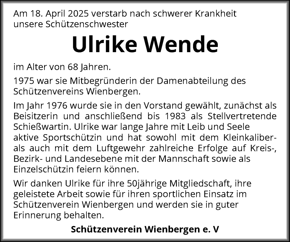  Traueranzeige für Ulrike Wende vom 02.05.2025 aus SYK