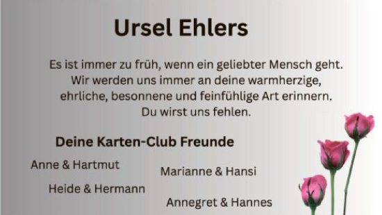 Traueranzeige von Ursula Ehlers von SYKS