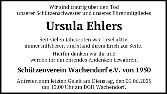 Traueranzeige von Ursula Ehlers von SYKS