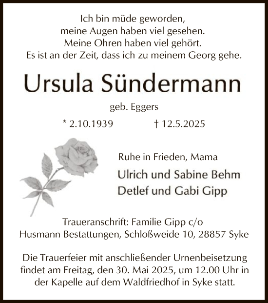Traueranzeige von Ursula Sündermann von SYKS