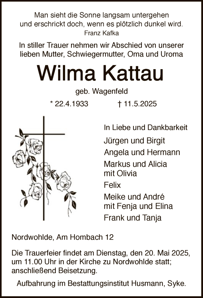  Traueranzeige für Wilma Kattau vom 17.05.2025 aus SYK
