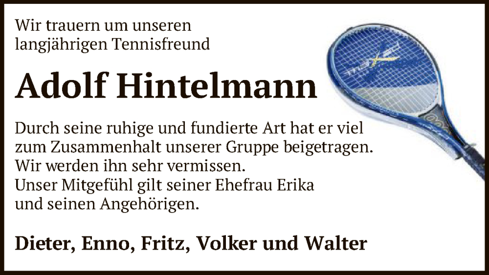  Traueranzeige für Adolf Hintelmann vom 18.06.2025 aus SYKR