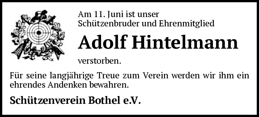  Traueranzeige für Adolf Hintelmann vom 21.06.2025 aus SYKR