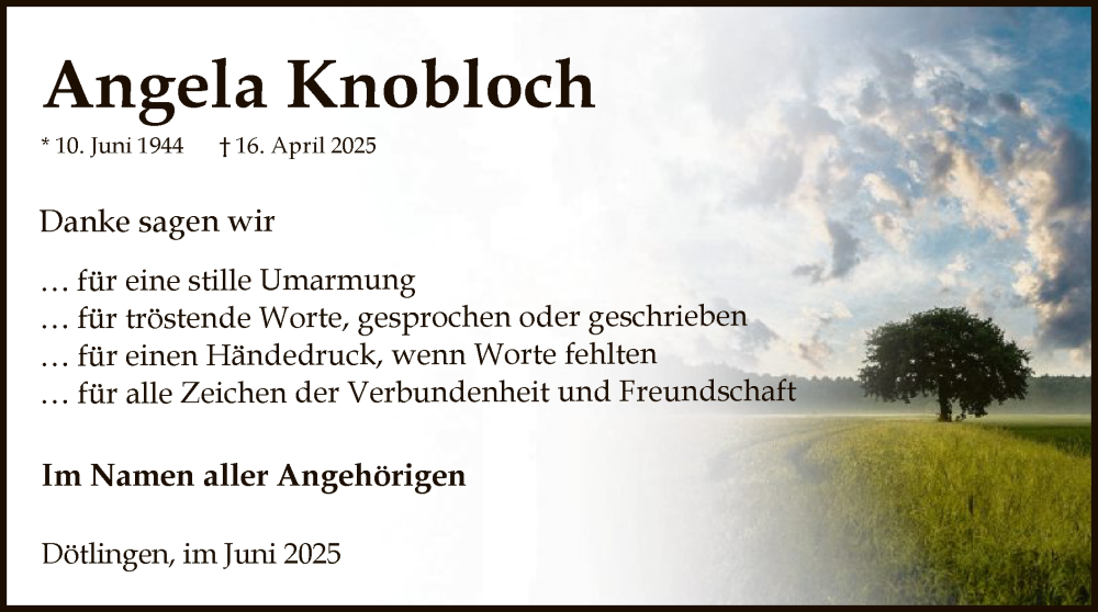  Traueranzeige für Angela Knobloch vom 07.06.2025 aus SYWZ