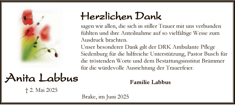  Traueranzeige für Anita Labbus vom 21.06.2025 aus SYKSSYKS