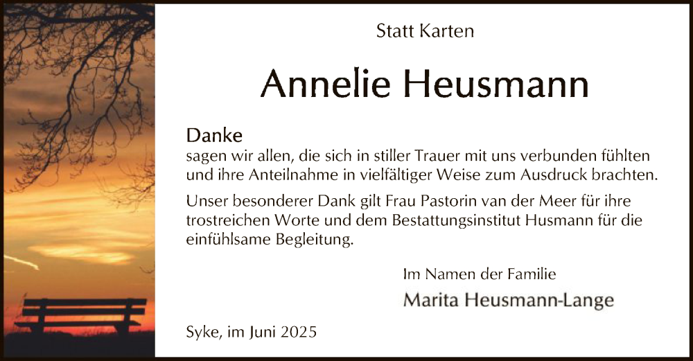  Traueranzeige für Annelie Heusmann vom 28.06.2025 aus SYKS