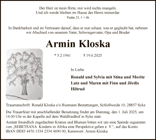 Traueranzeige von Armin Kloska von SYKS