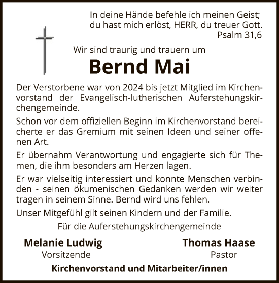 Traueranzeige von Bernd Mai von SYKR