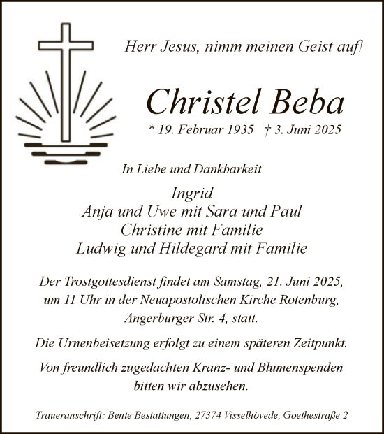 Traueranzeige von Christel Beba von SYKR