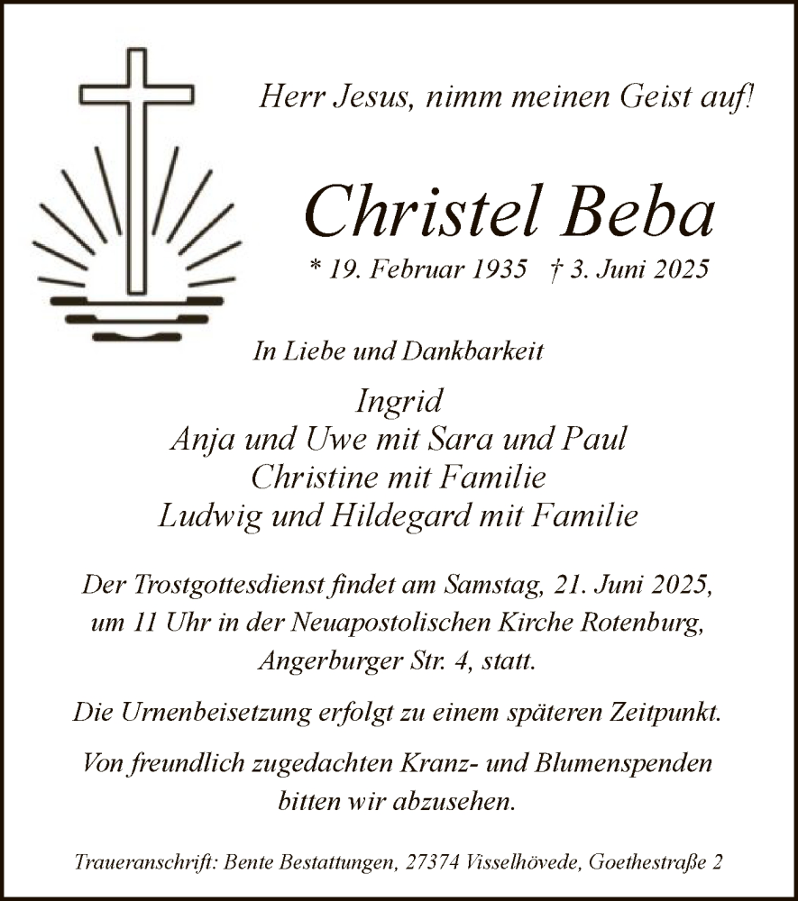  Traueranzeige für Christel Beba vom 07.06.2025 aus SYKR
