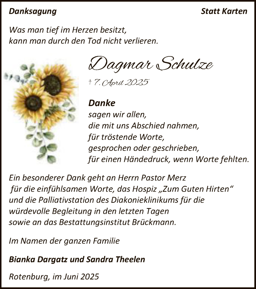  Traueranzeige für Dagmar Schulze vom 28.06.2025 aus SYKR