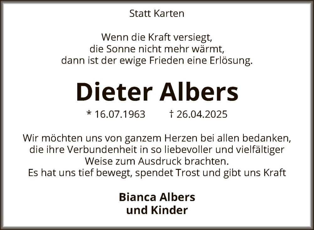  Traueranzeige für Dieter Albers vom 07.06.2025 aus SYKS