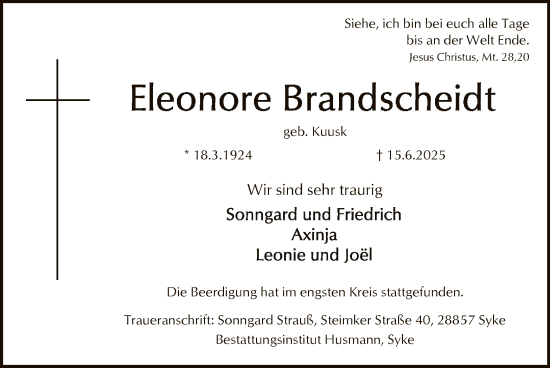 Traueranzeige von Eleonore Brandscheidt von SYKS